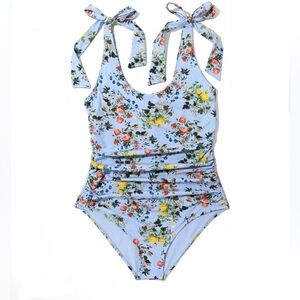 Hanky Panky Ruched Bow One Piece Swimsuit - Floral Thankful Blue - L